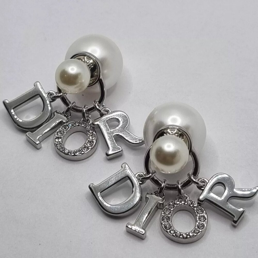 (SOLD)Dior Tribales Crystal Drop Charms and Pearls Silver Tone Stud Earrings